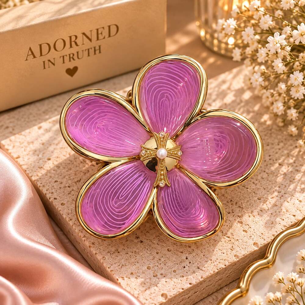 Romantic Coquette Pink Flower Claw Clip Gold Trim